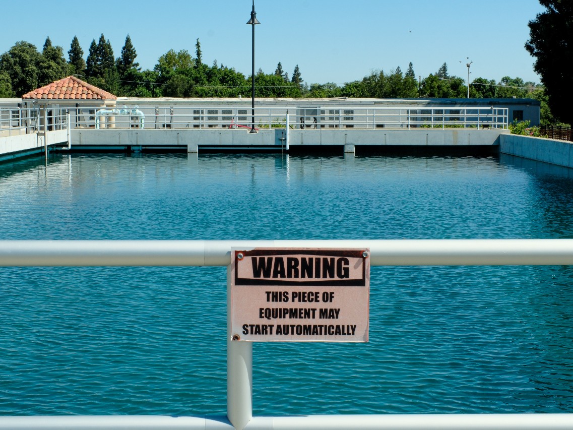 A basin that helps separate debris from river water at the Sacramento River Water Treatment Plant on June 11, 2026.