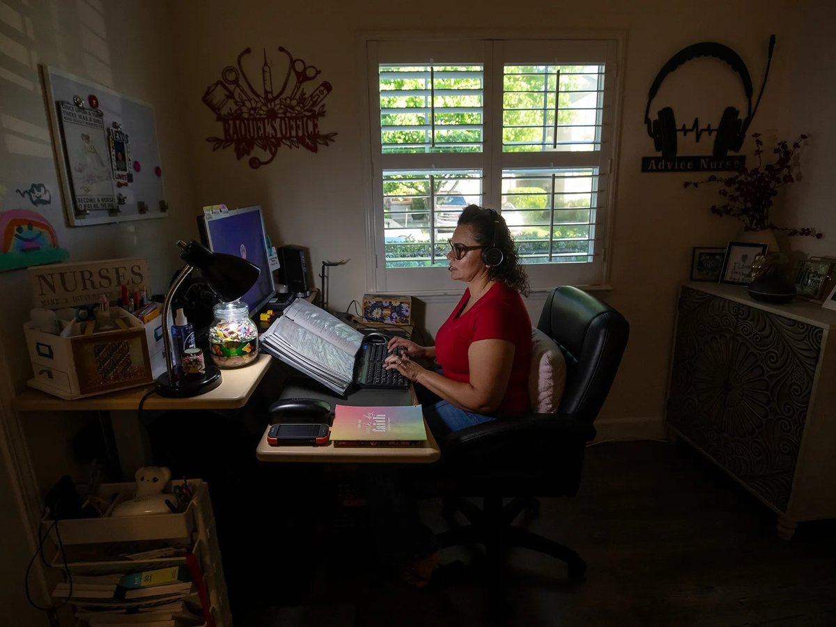 Kaiser Permanente advice nurse Raquel Alvarez Sanchez works from her home office in Santa Rosa on April 6, 2026. Kaiser Permanente nurses have raised concerns about the growing use of AI to monitor their work ahead of upcoming contract negotiations. 
