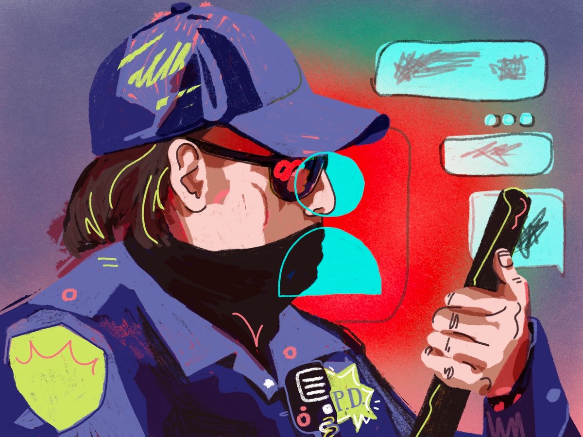 An officer scrolls through messages on a phone. An investigation by The California Newsroom and UC Berkeley’s Investigative Reporting Program found that many California officers disciplined for biased conduct remained employed in law enforcement.