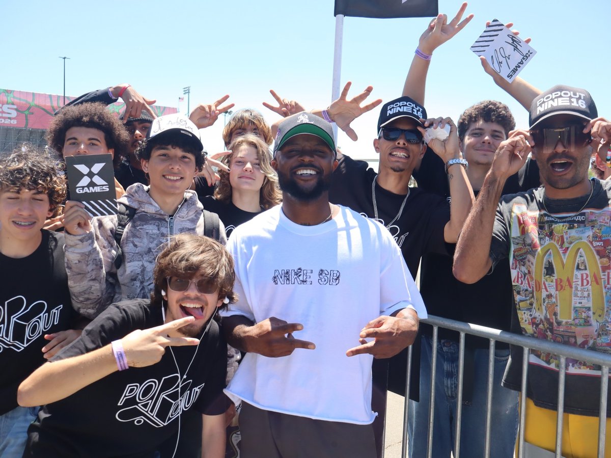 Popoutnine16 members with pro-skater Deshawn Jordan during inaugural X Games League event in Sacramento on Friday June 26, 2026.