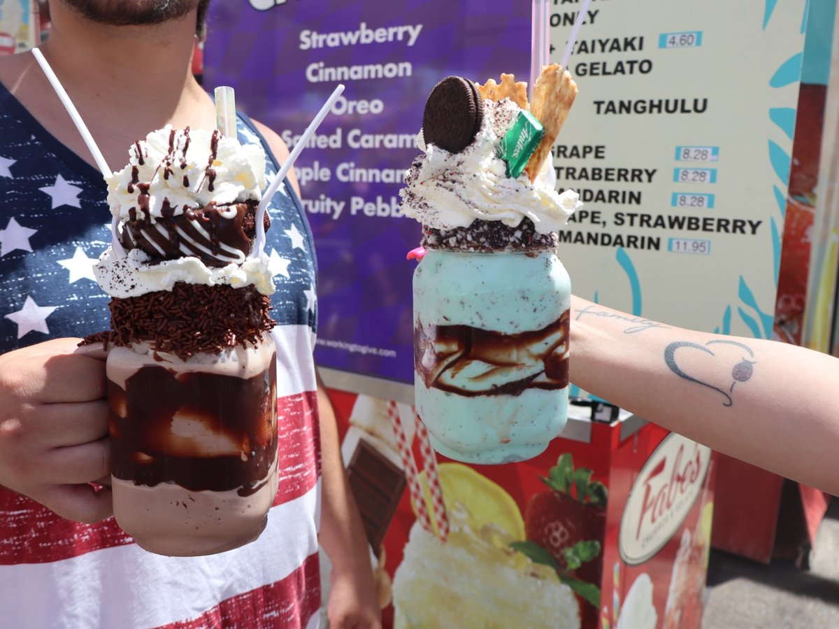 The Dark Knight (left) and Grasshopper (right) milkshake from Fabe's Churros & Gelato food vendor at the California State Fair Friday July 24, 2026.