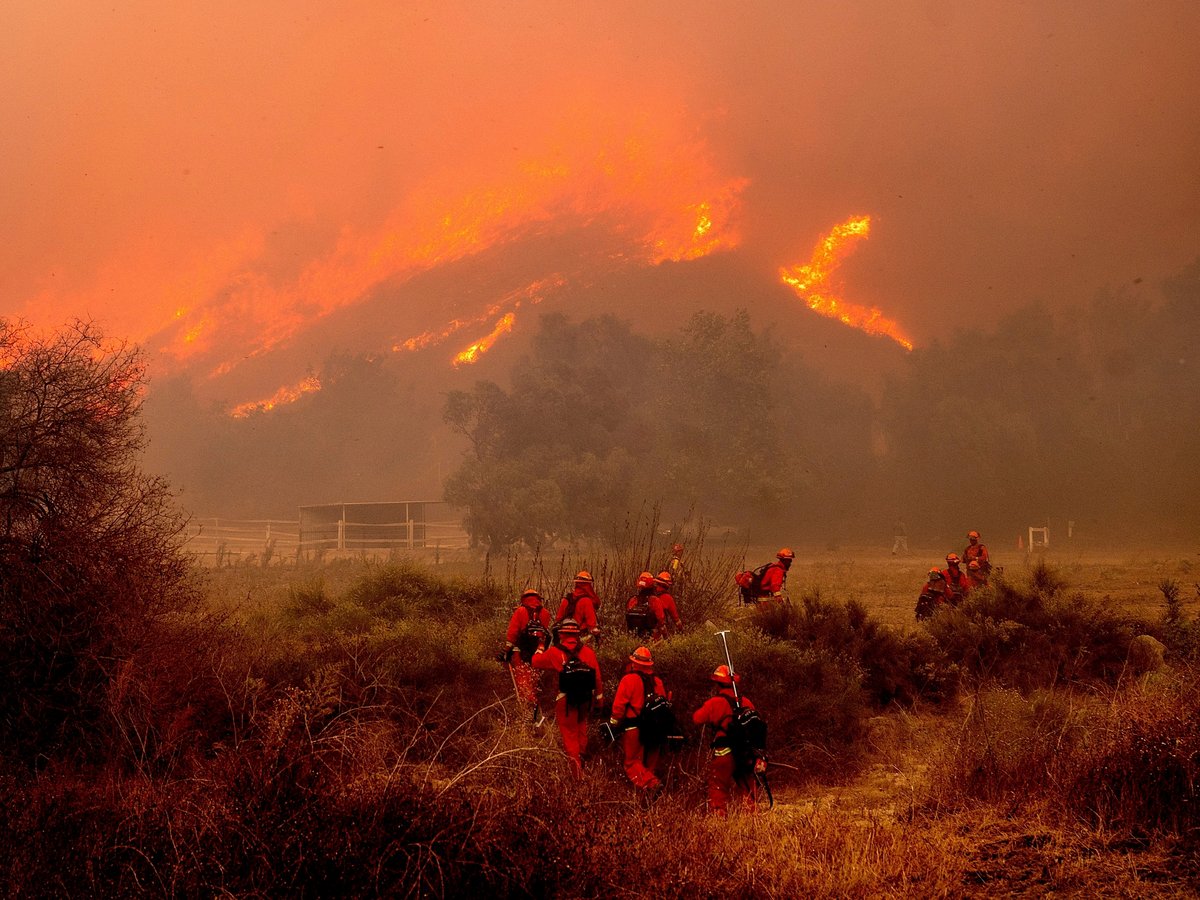 Inmate firefighters battle the Mountain Fire at Swanhill Farms in Moorpark, Calif., Nov. 7, 2024.