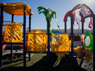 A jungle gym melted and destroyed by the Eaton Fire is seen at a school, Jan. 15, 2025, in Altadena, Calif.