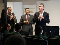 Gov. Gavin Newsom, right, addresses youthful offenders taking a computer coding class at the O.H. Close Youth Correctional Facility, Tuesday, Jan. 22, 2019, in Stockton, Calif.