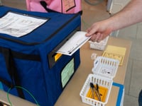 Voters submit their ballots at the vote center located at the California Museum in Sacramento February 26, 2020.