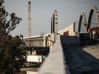 Construction on the High-Speed Rail over a ramp above Highway 99 in south Fresno on March 3, 2023.