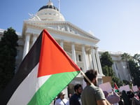 Demonstrators gather at the state Capitol for prayer and marching in support of Palestinians Friday, Oct. 20, 2023.