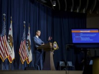 Gov. Gavin Newsom unveils his revised budget proposal for 2023-24 during a press briefing at the state Natural Resources Agency in Sacramento on May 12, 2023.