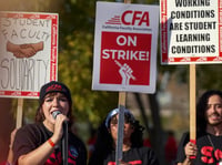 Jackie Barrett, a student and intern with California Faculty Associations, speaks to the crowd during a faculty strike at CSU Pomona on Dec. 4, 2023.
