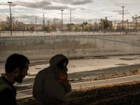 People under an overpass at Guadalupe River Park in San Jose, on Jan. 12, 2024. A recent abatement effort cleared many encampments where unhoused people were sleeping, but some individuals continue residing in the park.