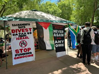 Students protesting the war in Gaza and calling for the university to divest from companies tied to it gather at the Sacramento State library quad on Monday, April 29, 2024.