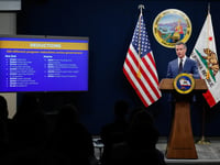 Gov. Gavin Newsom addresses the media during a press conference unveiling his revised 2024-25 budget proposal at the Capitol Annex Swing Space in Sacramento on May 10, 2024.