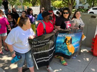 Residents of a large, self-governed homeless encampment marched to Sacramento City Hall on Wednesday, May 15, 2024, and demanded the city drop its plans to evict them from their tight-knit community, known as Camp Resolution.