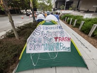 Tents outside the First Street U.S. Courthouse in Los Angeles, where homeless advocates and supporters rallied as the U.S. Supreme Court in Washington D.C. heard oral arguments in the Grants Pass case, on April 22, 2024.