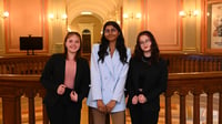 Left to right –  Students at Early College High School Lili Stukas, Sriya Srinivasan, Marian Salmaron testified for AB 2229 at the Education Committee meeting on April 3, 2024.