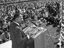 Civil rights leader Martin Luther King addresses students at Sacramento State College on Oct. 16, 1967. 