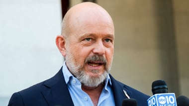 Republican gubernatorial candidate Steve Hilton speaks at a press conference outside the state capitol on Wednesday, June 3, 2026.