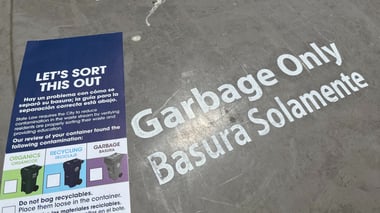 "Let's sort this out" trash bin sticker on a grey waste bin in the city of Sacramento on July 15, 2026.