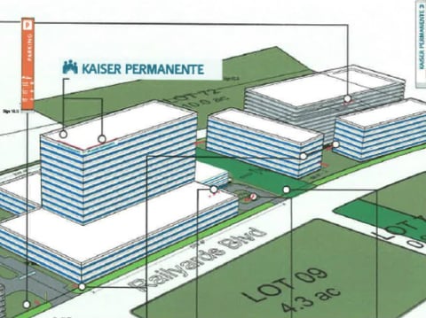 A rendering of the Kaiser Permanente medical center planned at the Railyards in downtown Sacramento.