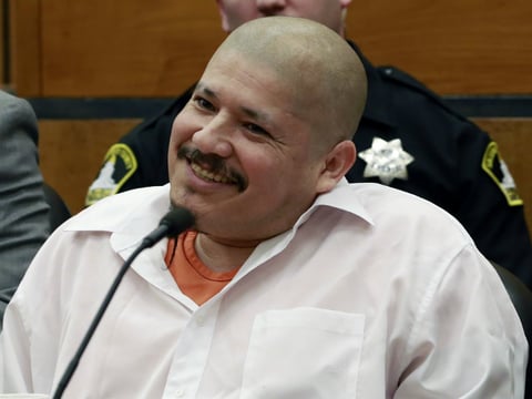 Luis Bracamontes looks up as the verdict was read in the killing of two law enforcement officer, in Sacramento Superior Court, Friday, Feb. 9, 2018, in Sacramento, Calif. 