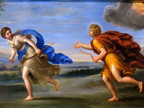 Pursued by Apollo, Daphne fled and was endlessly chased. [Painting by Francesca Albani, c.1615]