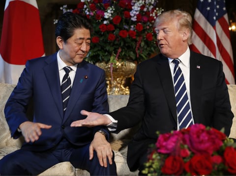 President Donald Trump and Japanese Prime Minister Shinzo Abe speak during a meeting at Trump's private Mar-a-Lago club, Tuesday, April 17, 2018, in Palm Beach, Fla.
