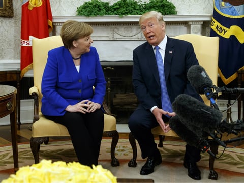 President Donald Trump meets with German Chancellor Angela Merkel in the Oval Office of the White House, Friday, April 27, 2018, in Washington. 