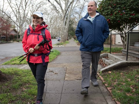 Sacramento couple Cyndi Torres and Robert Freitas walk through Midtown to condition for their hike along the Camino de Santiago, a 1,200-year-old Spanish pilgrimage route that is blossoming in popularity.