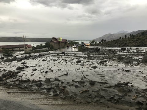 This image provided by Department of Public Safety/Nevada Highway Patrol Northern Command West shows mudslides on U.S. Highway 395 in Douglas County, Nev., north of the Nevada-California state line, Monday, May 21, 2018. 