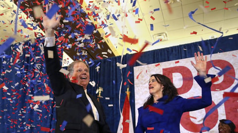 Democratic candidate for Senate Doug Jones and his wife, Louise, wave to supporters before he gave his victory speech in Birmingham, Ala., on Tuesday.