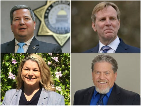 From top left: Sacramento County Sheriff Scott Jones, challengers Milo Fitch, Donna Cox and Bret Daniels.