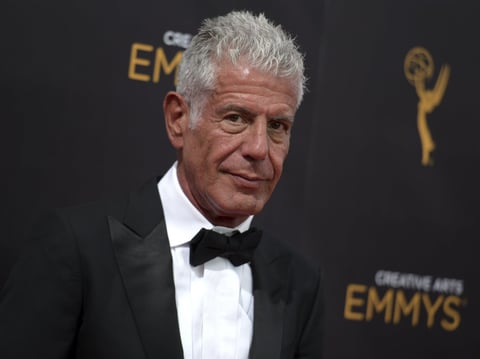 FILE - In this Sept. 11, 2016 file photo, Anthony Bourdain arrives at night two of the Creative Arts Emmy Awards at the Microsoft Theater in Los Angeles. 