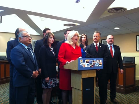 Assembly Minority Leader Connie Conway (R-Tulare) and other GOP caucus members discuss their infrastructure proposal at a Capitol news conference Thursday.