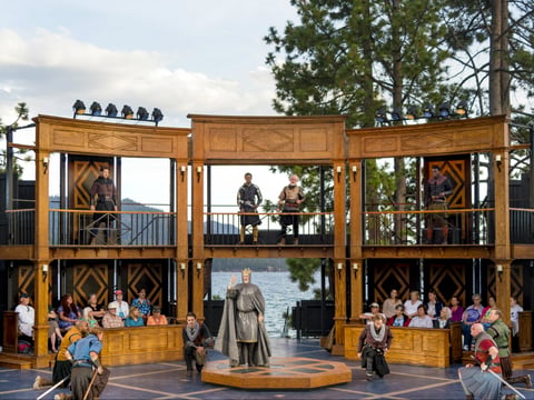 Duncan, King of Scotland (David Anthony Smith, center), addresses his subjects in the Lake Tahoe Shakespeare Festival’s production of Macbeth at Sand Harbor in Lake Tahoe Nevada State Park, which runs through August 26.