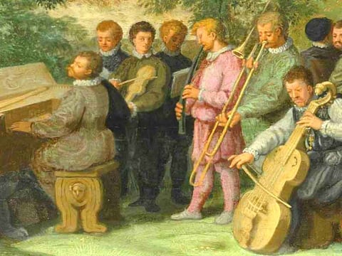 Oil painting from the 16th century Venetian School, depicting a pastoral concert 