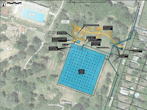 This map shows the proposed layout for the new sewage tank under McKinley Park. The blue area represents what would be underground, and the yellow what would be aboveground.