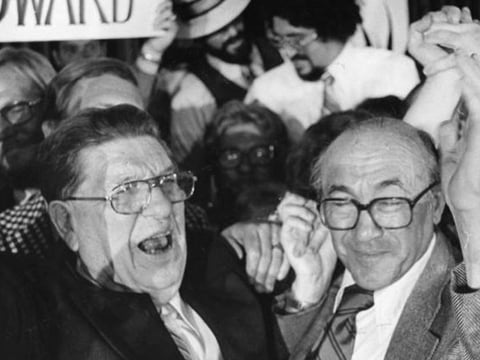 Howard Jarvis and Paul Gann celebrate after Proposition 13 wins on June 6, 1978.