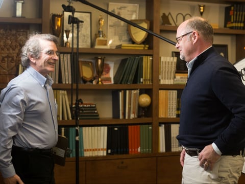 Nat Katzman (left), director of "Moscone: A Legacy of Change," and Jonathan Moscone, George Moscone's son, talk during an interview for the film at University of the Pacific.