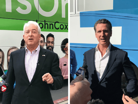 Candidates for California governor, Republican John Cox and Democrat Gavin Newsom, campaign in Sacramento ahead of the Nov. 6 election.