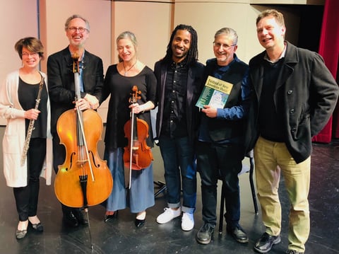 Suzanne Gilchrest, Matthew Goeke, and Ina Litera of Eight Strings and a Whistle, Omari Tao of Cosumnes River College, FeNam Artist Director Stephen Blumberg, and Kurt Erickson of Cosumnes River College.