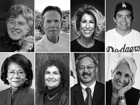 The 2018 inductees into the California Hall of Fame, clockwise from upper left corner: Robert Redford, Thomas Keller, Nancy McFadden, Fernando Valenzuela, musician Joan Baez, Ed Lee, Arlene Blum and Belva Davis