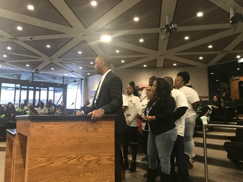 Pastor Les Simmons stands with other leaders from the Valley Hi neighborhood at a Sacramento County Board of Supervisors meeting Tuesday.