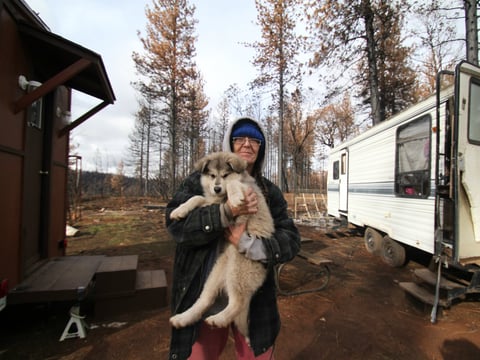 Barbara Beers, 66, lost her home to the Camp Wildfire in Concow, a wooded area just east of Paradise. But she recently moved back to her burned up property, where she is living in a trailer with two dogs.