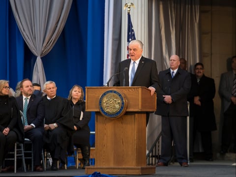 Governor-elect Steve Sisolak delivers his inaugural address on the steps of the Nevada State Capitol in Carson City, Nev., Monday, Jan. 7, 2019.