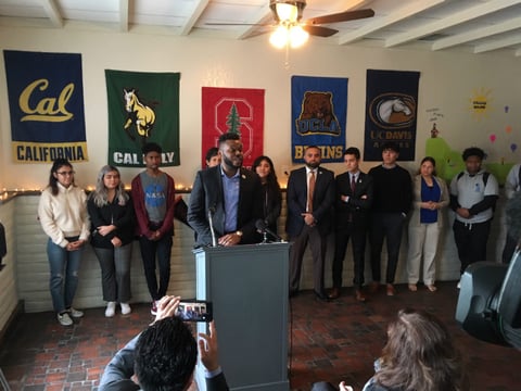 Stockton Mayor Michael Tubbs makes an announcement before a group of high school students on Thursday that the city could be in line for a CSU campus.