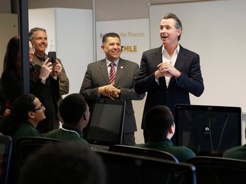 Gov. Gavin Newsom, right, addresses youthful offenders taking a computer coding class at the O.H. Close Youth Correctional Facility, Tuesday, Jan. 22, 2019, in Stockton, Calif.