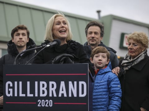 Surrounded by her family, Sen. Kirsten Gillibrand, D-N.Y., announces that she will run for president in 2020 on Jan. 16, 2019, in Troy, N.Y.