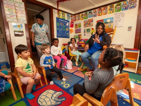 At Lil Nancy's Primary Schoolhouse. At left are teachers Yolanda Wilson and Kyla Kinner.