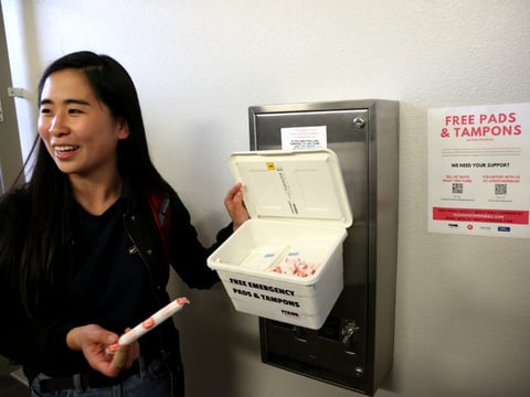 UC Davis students Annie Wang is working to ensure placement of tampons and pads in UC Davis restrooms as part of a program now supported by volunteers, donors and the university.