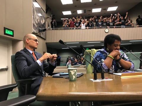 Assemblymembers Kevin McCarty, left, and Shirley Weber, right, the coauthors of AB 392, which would change the rules governing when police officers can use deadly force in California.